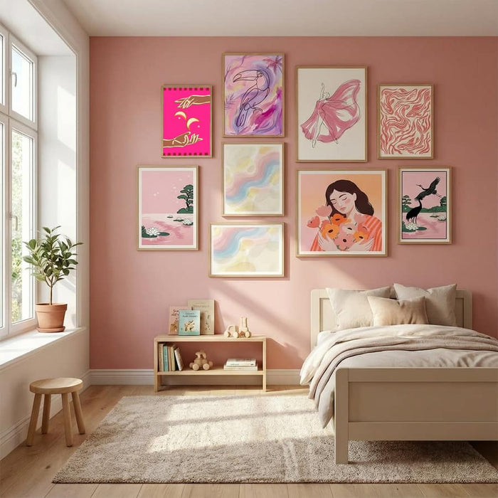 Celestial Exchange – A Couple Of Moons Poster by Uma Gokhale in Serene Pink gallery wall