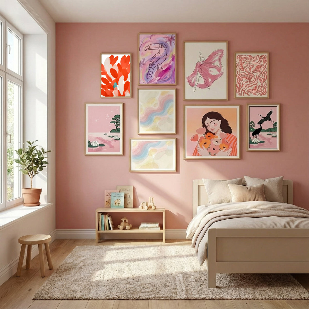 Feathers of Different Birds Flock Together Poster by Uma Gokhale in Serene Pink gallery wall