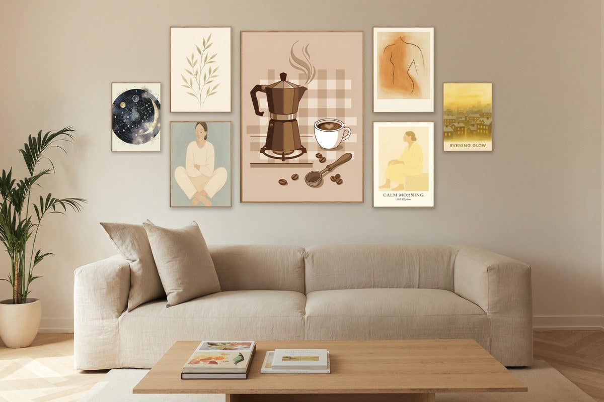 Indret med den beige farve: Varm minimalistisk vægkunst