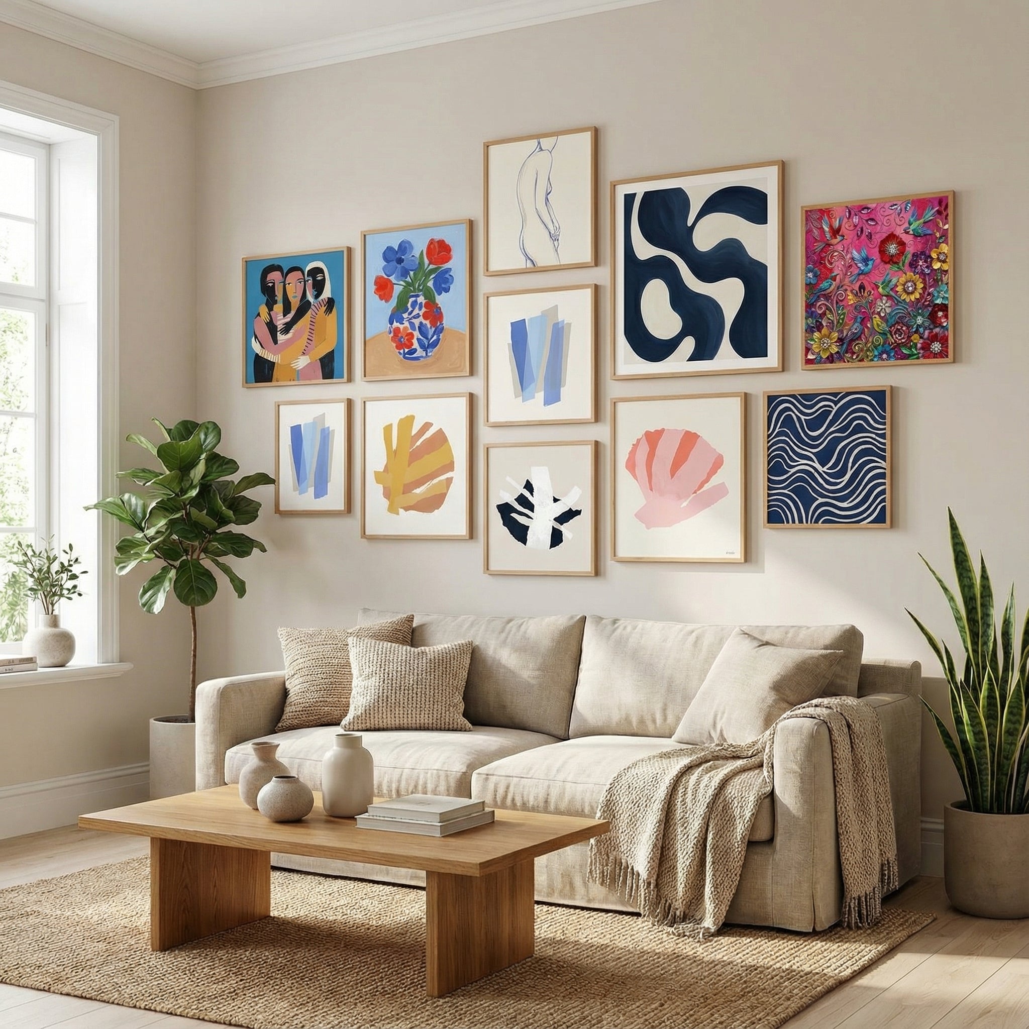 A minimalist living room featuring a gallery wall of abstract line art posters in various sizes and simple frames, creating a serene and elegant Nordic aesthetic.