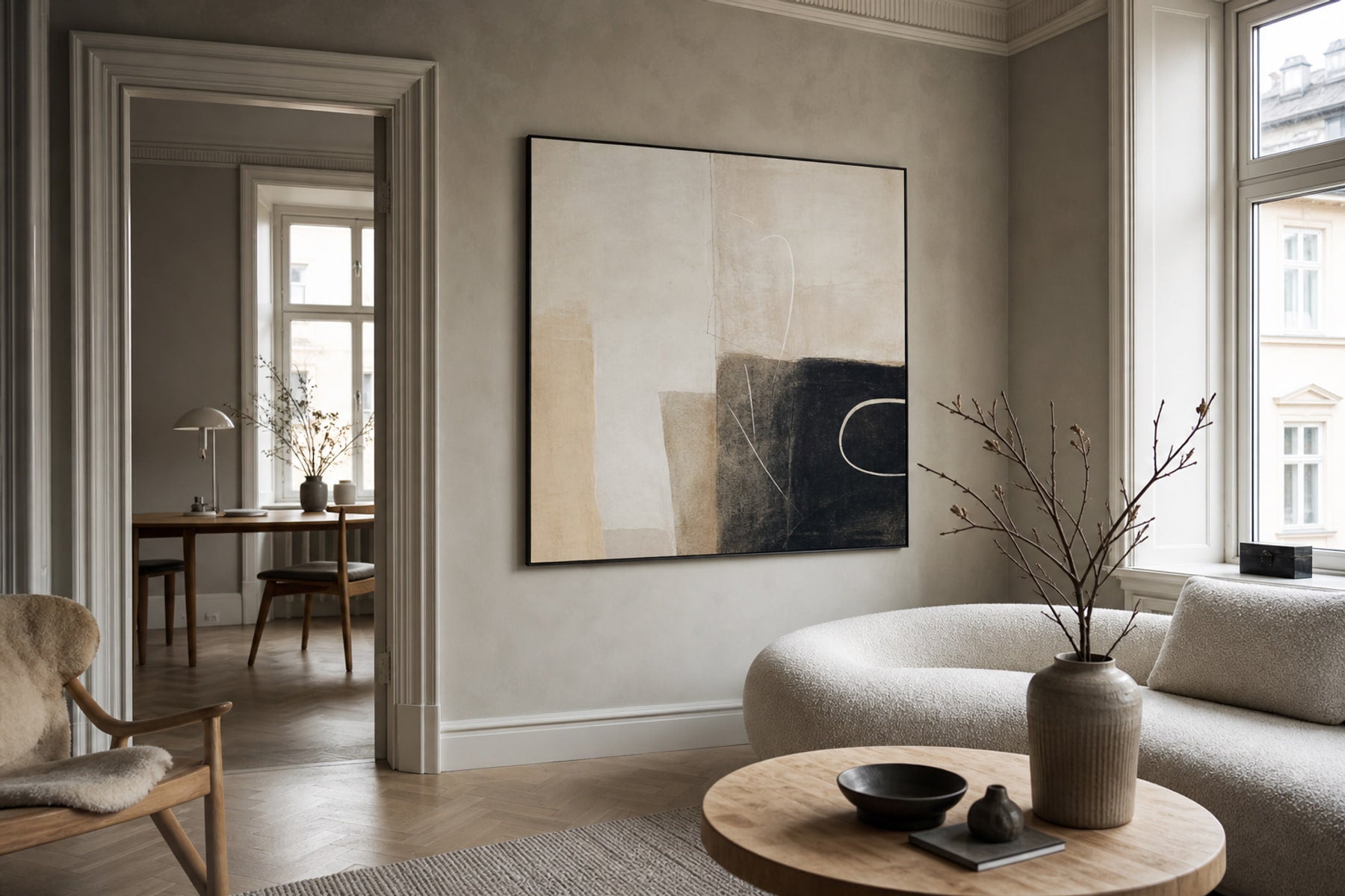 Nordic editorial high-end Nordic interior featuring hero artwork that visually communicates the art movement or style named in the title