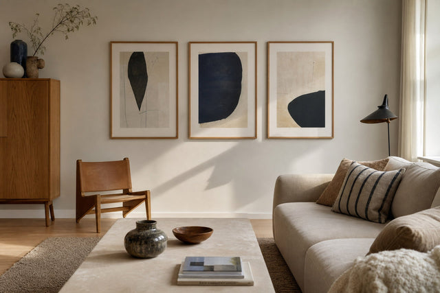Nordic editorial refined Nordic living room featuring carefully composed framed-art vignette that directly illustrates the article subject