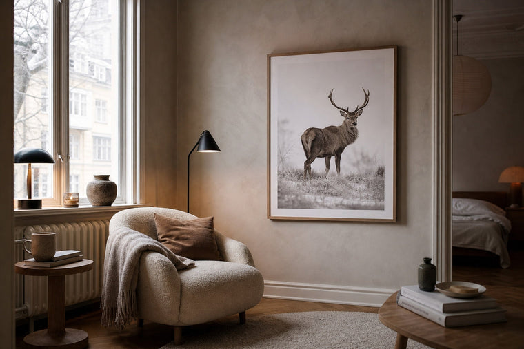 Nordic editorial quiet Nordic reading room featuring one or two elegant framed motifs that clearly reflect the animal or celestial subject