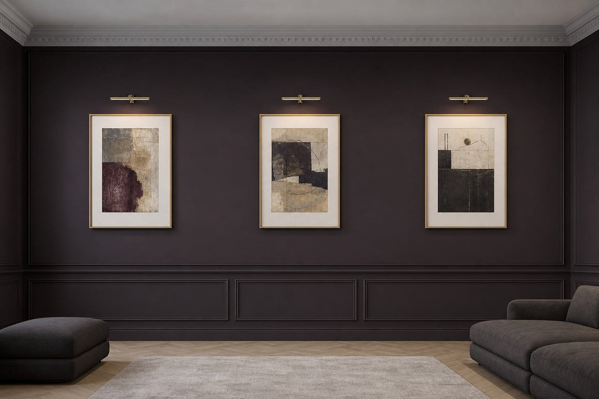 Nordic editorial refined Nordic living room featuring carefully composed framed-art vignette that directly illustrates the article subject