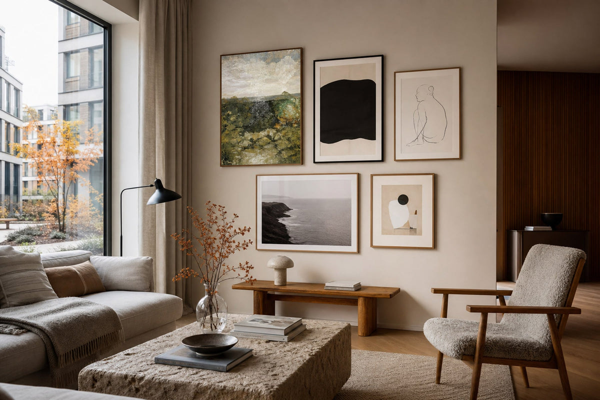 Nordic editorial refined Nordic living room featuring carefully composed framed-art vignette that directly illustrates the article subject