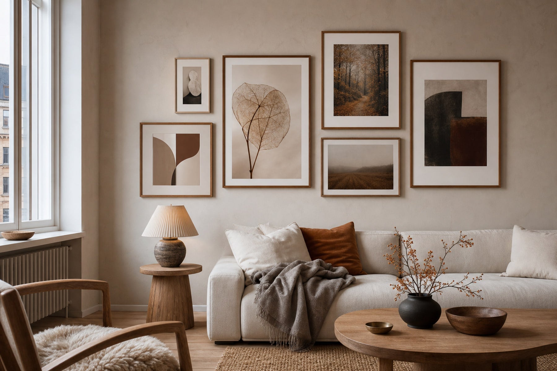 Nordic editorial living room featuring professionally hung, balanced gallery wall of five to seven varied framed artworks with precise spacing