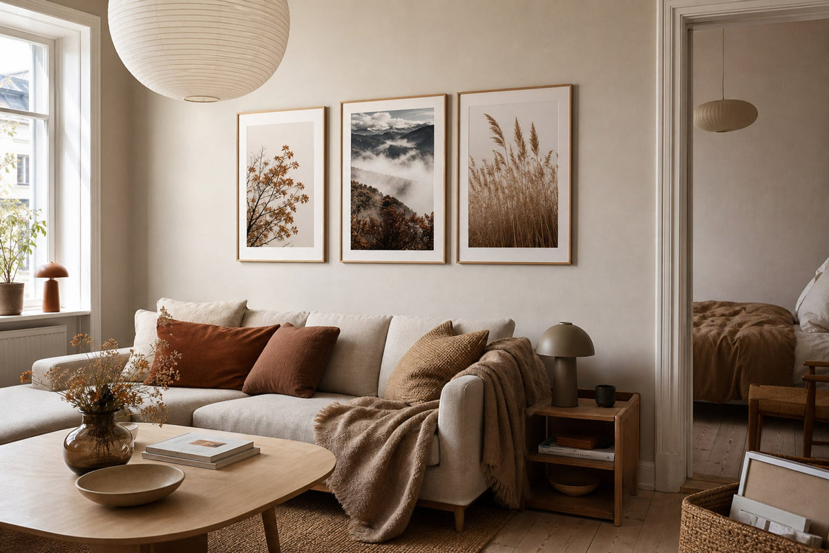 Nordic editorial seasonally styled Nordic living space featuring framed wall art and restrained seasonal details that directly express the article theme