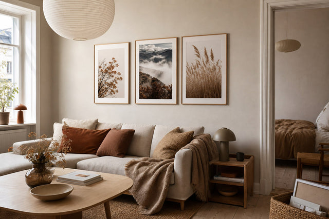 Nordic editorial seasonally styled Nordic living space featuring framed wall art and restrained seasonal details that directly express the article theme
