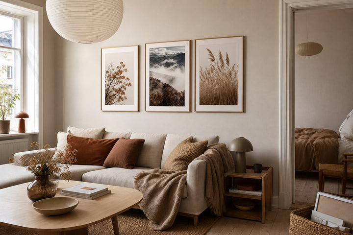 Nordic editorial seasonally styled Nordic living space featuring framed wall art and restrained seasonal details that directly express the article theme