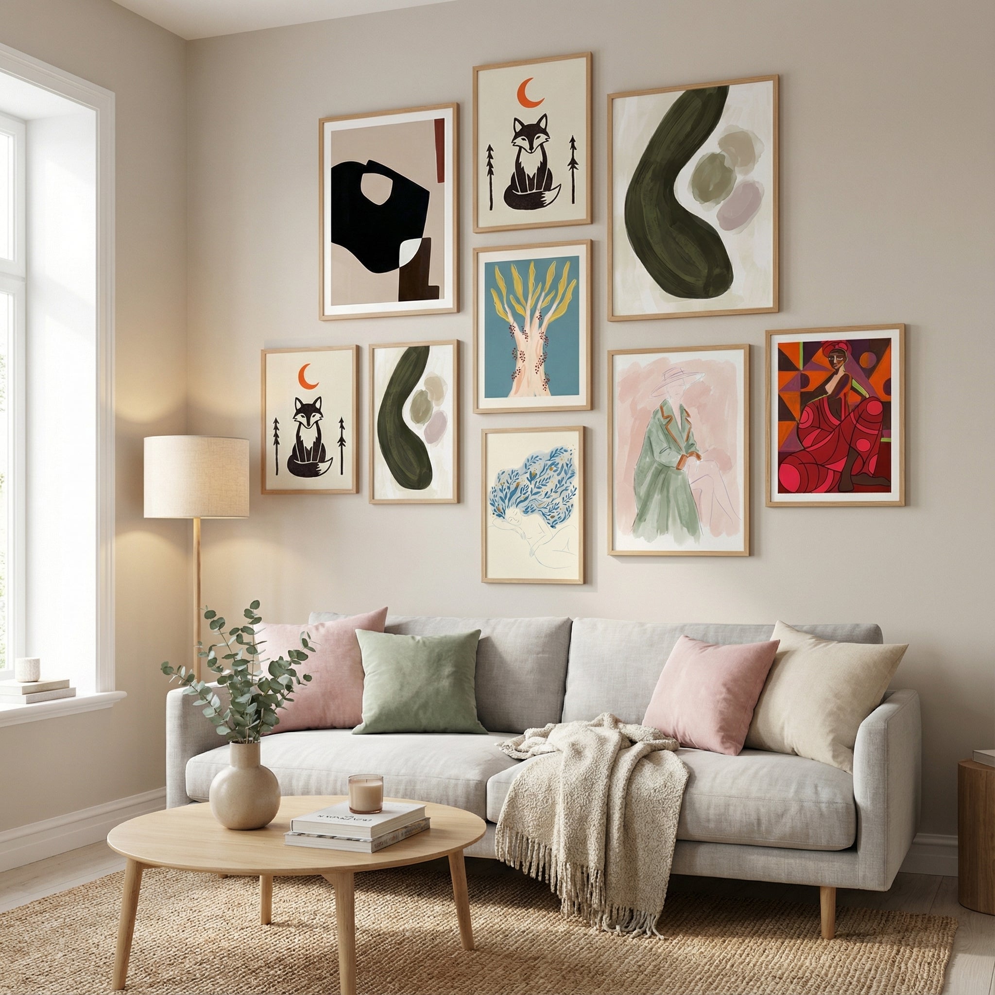 A cozy living room with an autumn-themed gallery wall featuring botanical prints, nature photography, and minimalist canvas art in warm, earthy tones.