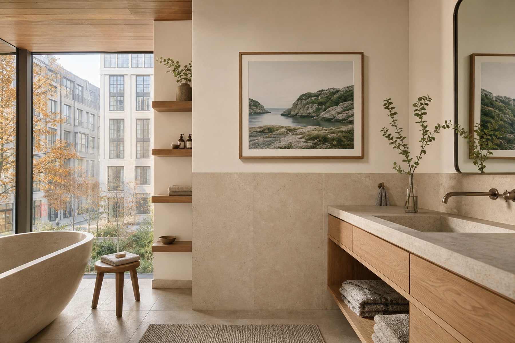 Nordic editorial spa-like Nordic bathroom featuring calming framed art placed on a dry wall above pale stone and oak cabinetry