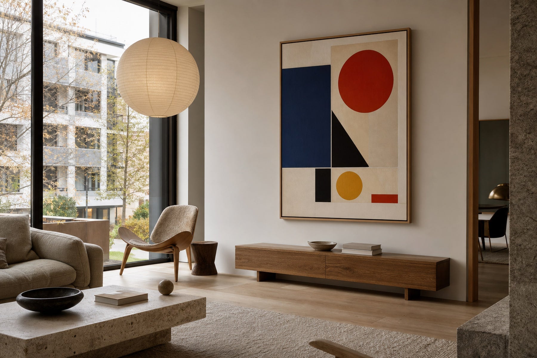 Nordic editorial high-end Nordic interior featuring hero artwork that visually communicates the art movement or style named in the title