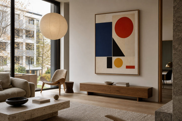 Nordic editorial high-end Nordic interior featuring hero artwork that visually communicates the art movement or style named in the title