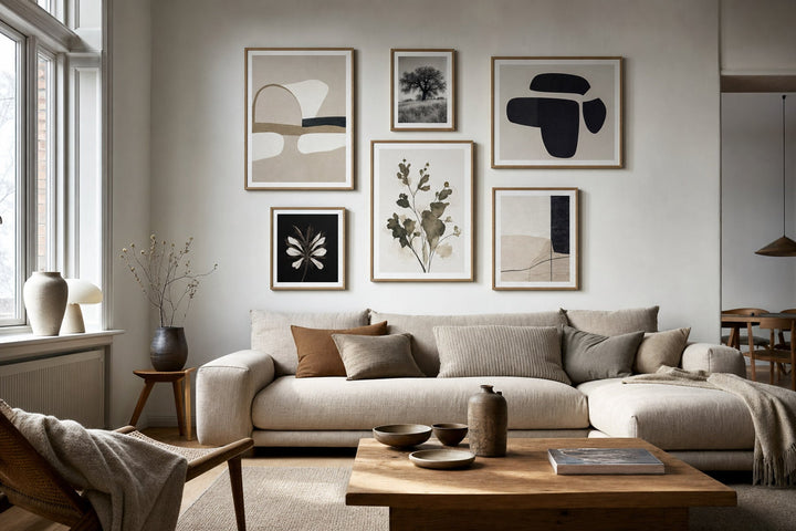 Nordic editorial living room featuring professionally hung, balanced gallery wall of five to seven varied framed artworks with precise spacing