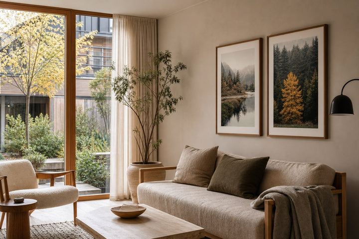 Nordic editorial light Nordic garden room featuring nature-led framed art balanced with subtle real foliage