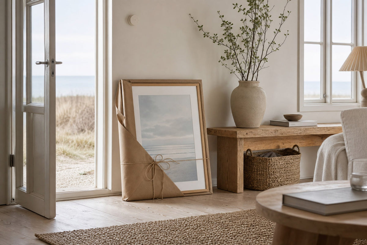 Nordic editorial quiet Nordic entry or living room featuring beautifully wrapped framed art presented as a thoughtful gift beside a finished interior vignette