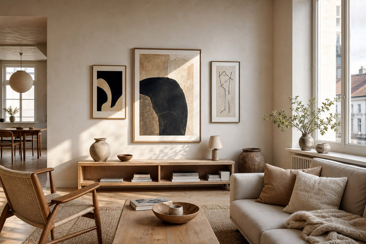 Nordic editorial refined Nordic living room featuring carefully composed framed-art vignette that directly illustrates the article subject