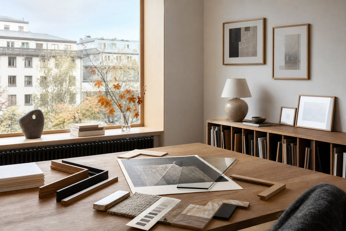 Nordic editorial Nordic framing studio featuring tactile editorial still life showing the relevant framing or paper materials in use