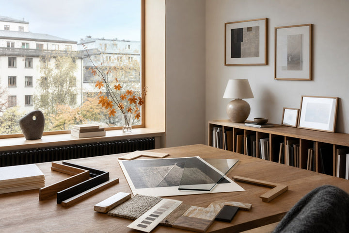Nordic editorial Nordic framing studio featuring tactile editorial still life showing the relevant framing or paper materials in use