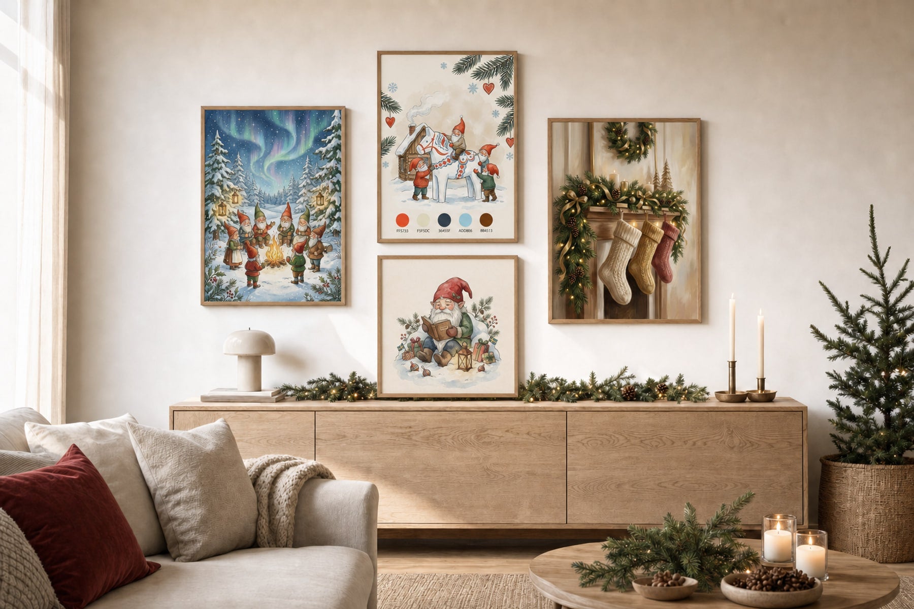 Nordic Christmas gallery wall with four framed PosterLeFi holiday posters