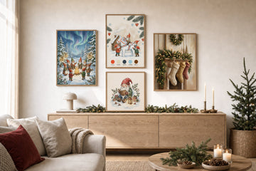 Nordic Christmas gallery wall with four framed PosterLeFi holiday posters