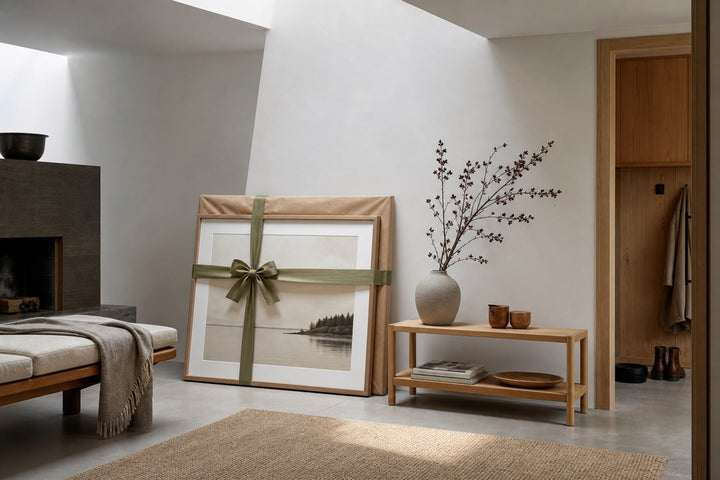Nordic editorial quiet Nordic entry or living room featuring beautifully wrapped framed art presented as a thoughtful gift beside a finished interior vignette