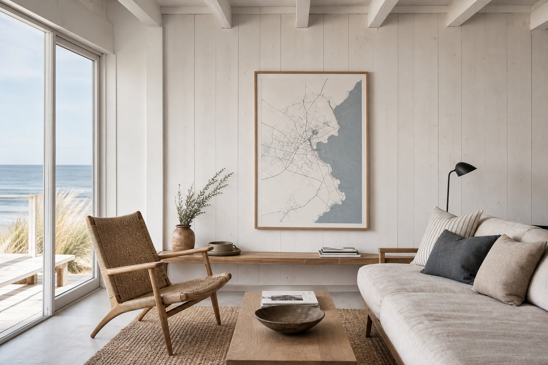 Nordic editorial Nordic coastal or travel-inspired sitting room featuring framed art that evokes place, horizon and travel memories