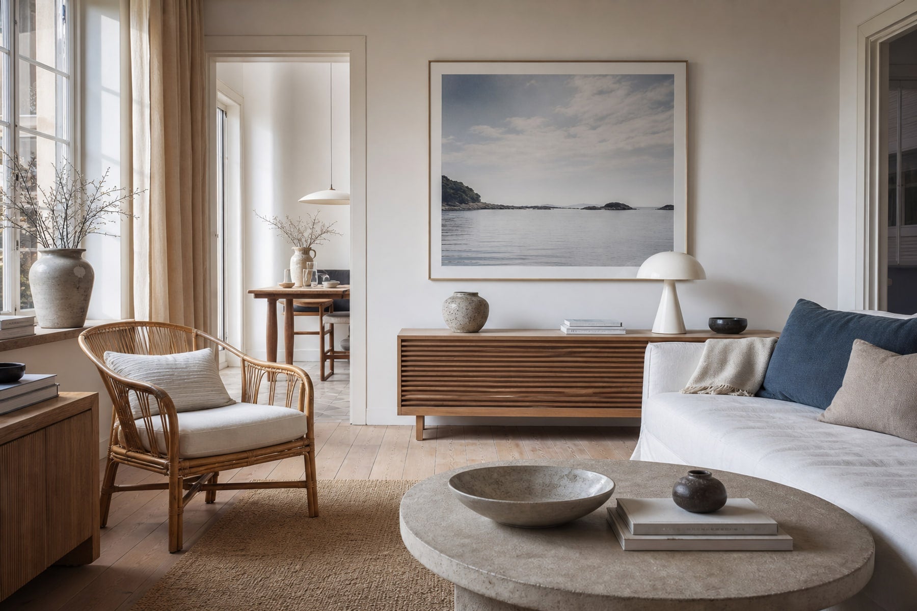 Nordic editorial Nordic coastal or travel-inspired sitting room featuring framed art that evokes place, horizon and travel memories