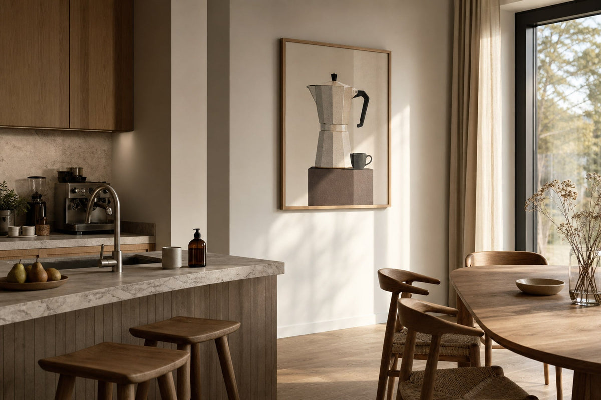 Nordic editorial Nordic kitchen and dining area featuring topic-relevant framed art placed safely away from heat and moisture
