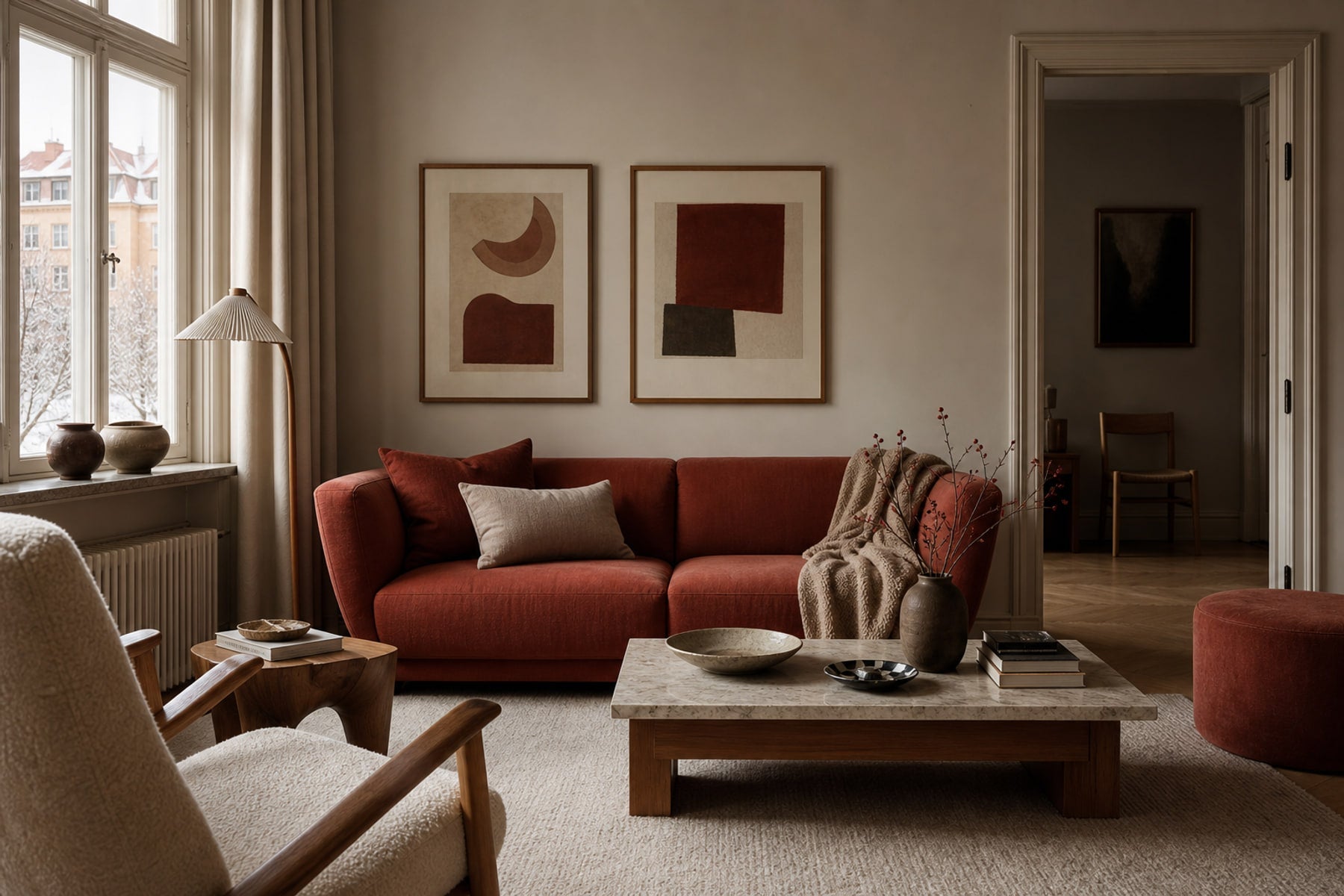 Nordic editorial editorial Nordic living room featuring framed art and restrained furnishings built around the exact colour theme in the title