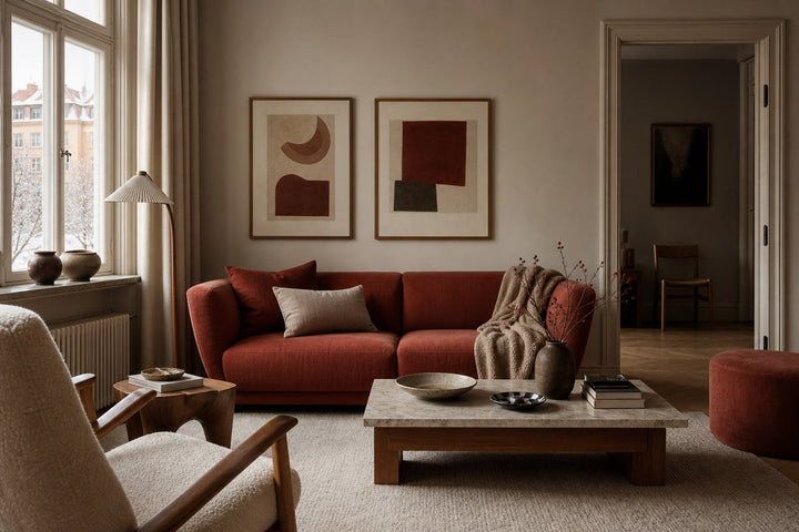 Nordic editorial editorial Nordic living room featuring framed art and restrained furnishings built around the exact colour theme in the title