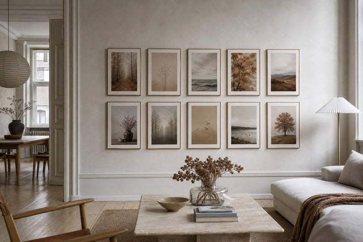 Nordic editorial refined Nordic living room featuring carefully composed framed-art vignette that directly illustrates the article subject