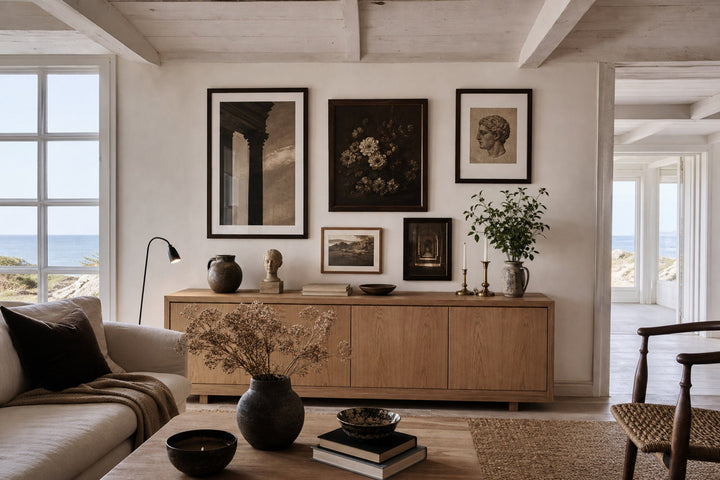 Nordic editorial refined Nordic living room featuring carefully composed framed-art vignette that directly illustrates the article subject