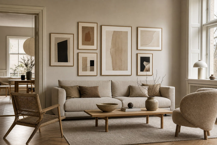 Nordic editorial editorial Nordic living room featuring framed art and restrained furnishings built around the exact colour theme in the title