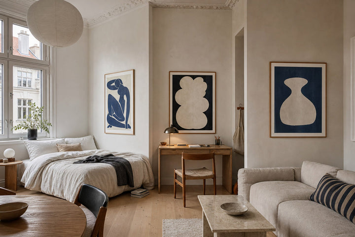 Nordic editorial age-appropriate Nordic bedroom or study corner featuring playful yet sophisticated framed art integrated into a practical small-space layout