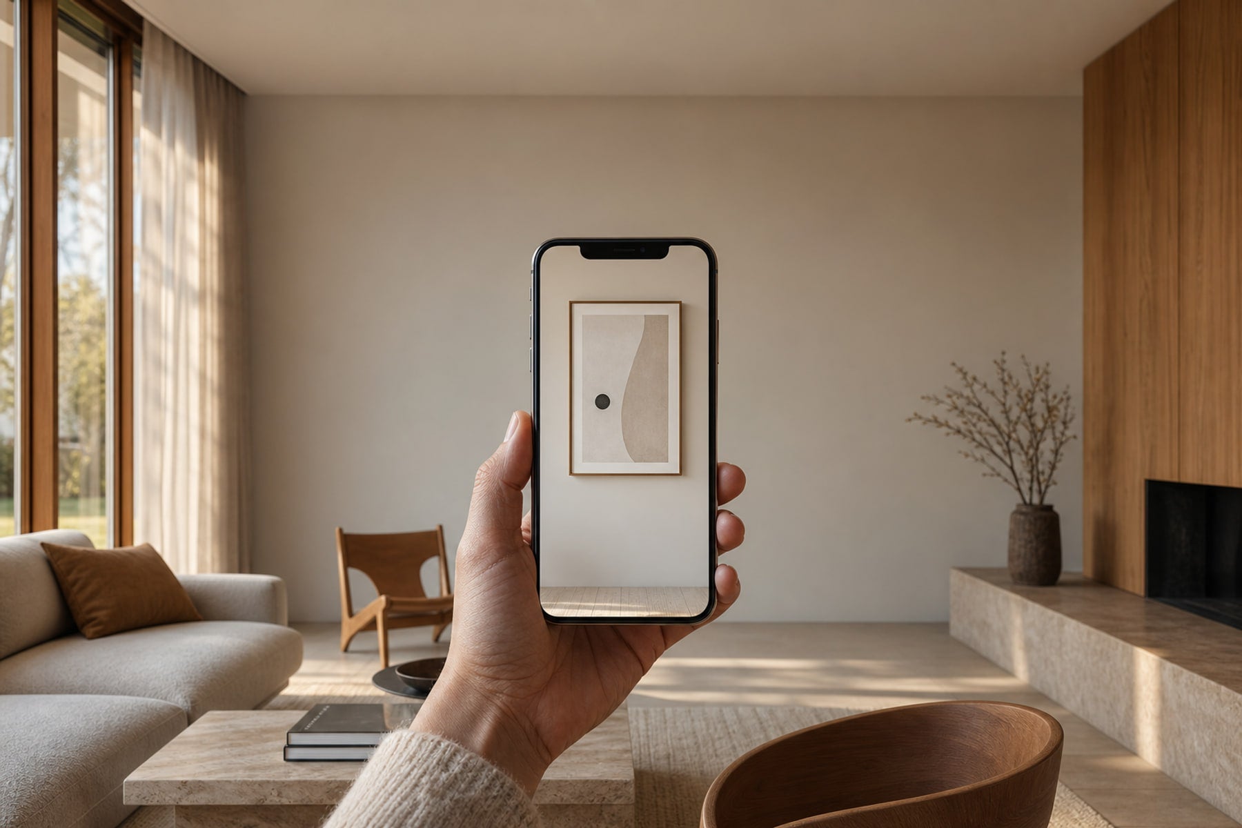 Nordic editorial living room featuring hand holding a modern phone that previews one correctly scaled framed artwork on the empty wall