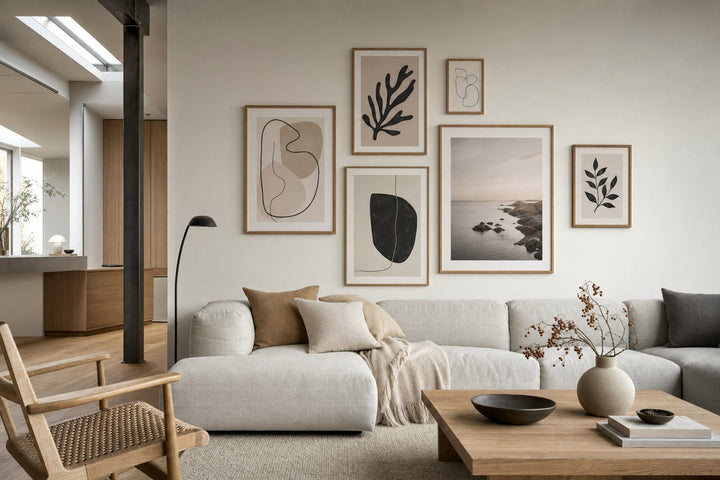 Nordic editorial living room featuring professionally hung, balanced gallery wall of five to seven varied framed artworks with precise spacing