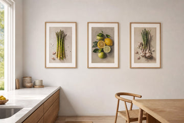 Nordic editorial Nordic kitchen and dining area featuring topic-relevant framed art placed safely away from heat and moisture