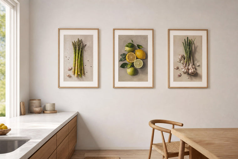 Nordic editorial Nordic kitchen and dining area featuring topic-relevant framed art placed safely away from heat and moisture