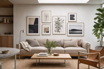Nordic editorial living room featuring professionally hung, balanced gallery wall of five to seven varied framed artworks with precise spacing