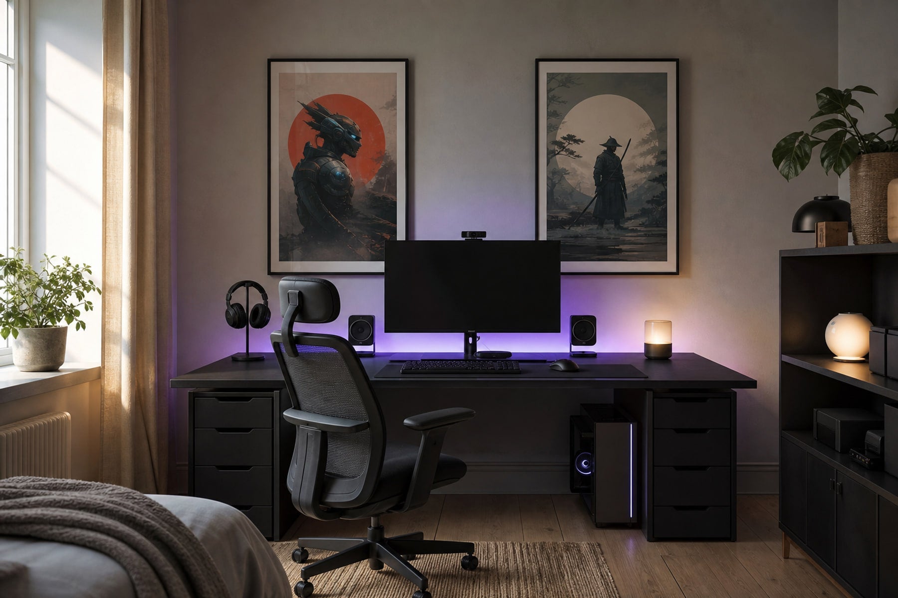Nordic editorial age-appropriate Nordic bedroom or study corner featuring playful yet sophisticated framed art integrated into a practical small-space layout