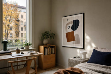 Nordic editorial age-appropriate Nordic bedroom or study corner featuring playful yet sophisticated framed art integrated into a practical small-space layout