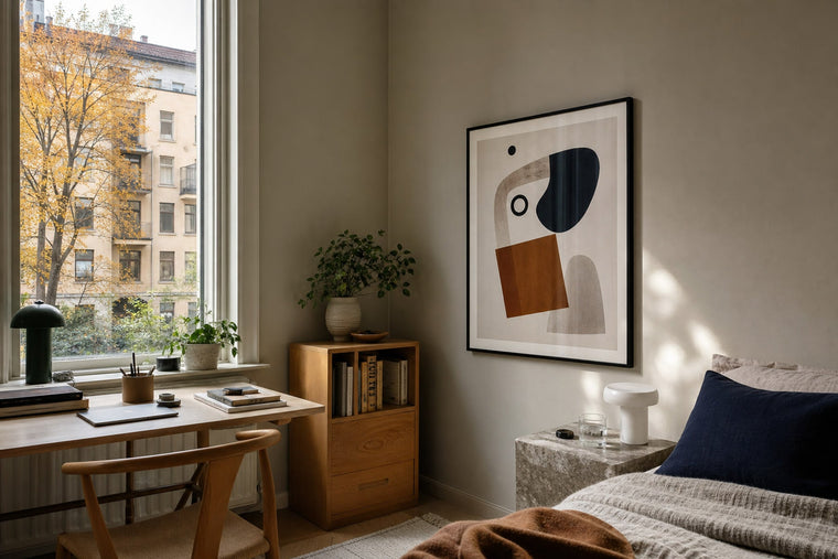 Nordic editorial age-appropriate Nordic bedroom or study corner featuring playful yet sophisticated framed art integrated into a practical small-space layout