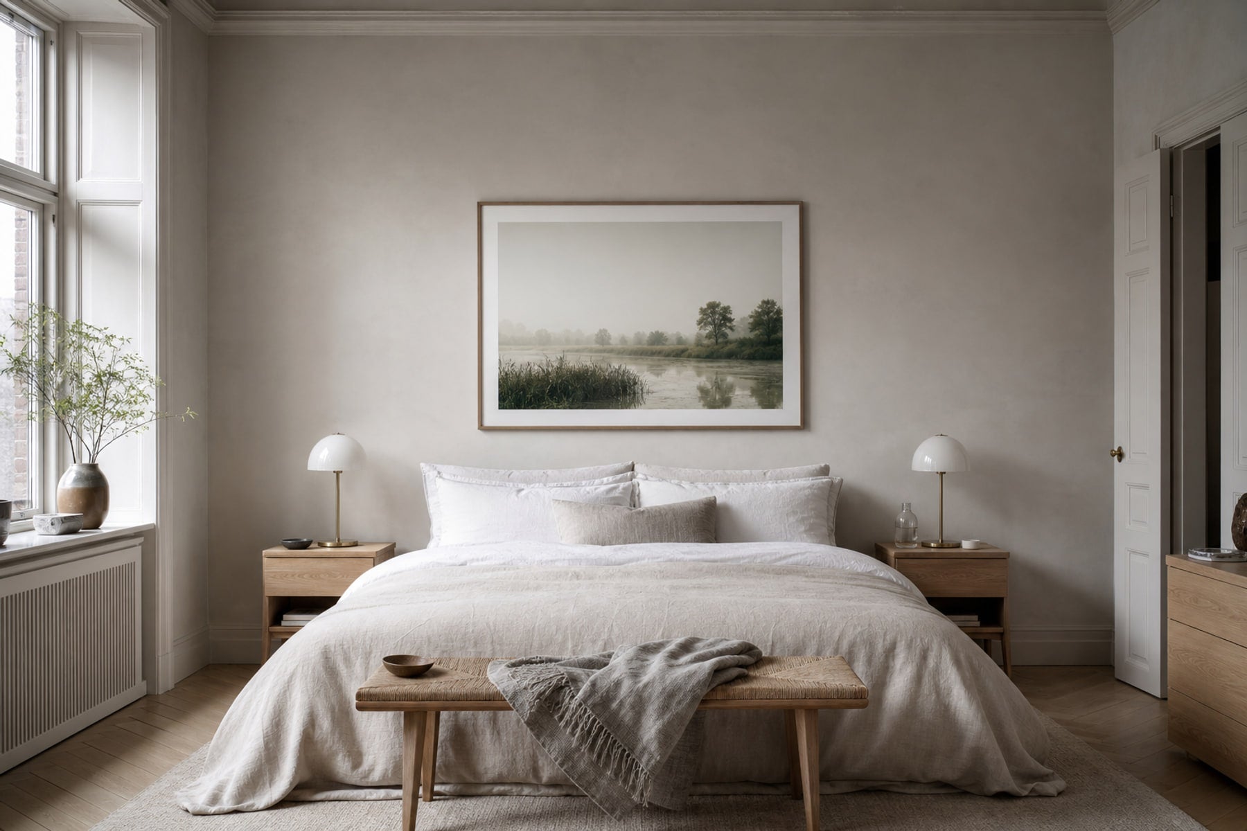 Nordic editorial serene bedroom featuring calm framed wall art correctly scaled above a linen bed