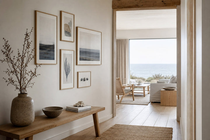 Nordic editorial refined Nordic living room featuring carefully composed framed-art vignette that directly illustrates the article subject