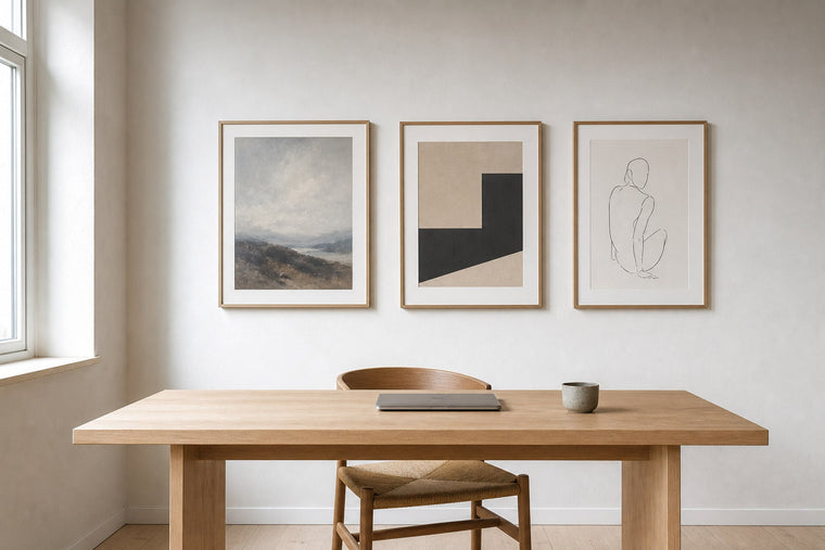 Nordic editorial calm home office featuring polished, camera-ready art arrangement behind a simple oak desk