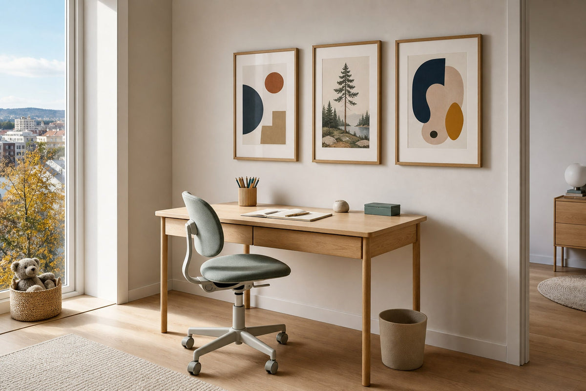 Nordic editorial age-appropriate Nordic bedroom or study corner featuring playful yet sophisticated framed art integrated into a practical small-space layout