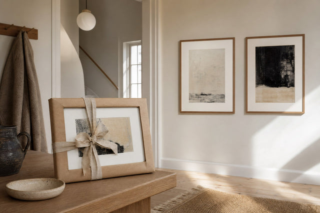 Nordic editorial quiet Nordic entry or living room featuring beautifully wrapped framed art presented as a thoughtful gift beside a finished interior vignette