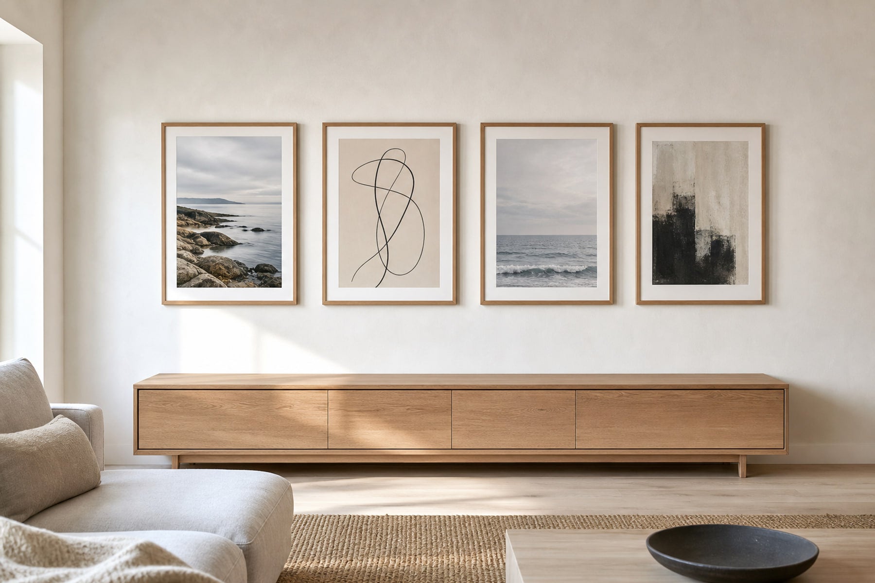 Nordic editorial refined Nordic living room featuring carefully composed framed-art vignette that directly illustrates the article subject