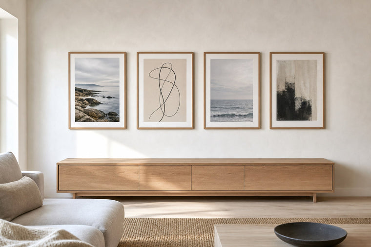 Nordic editorial refined Nordic living room featuring carefully composed framed-art vignette that directly illustrates the article subject